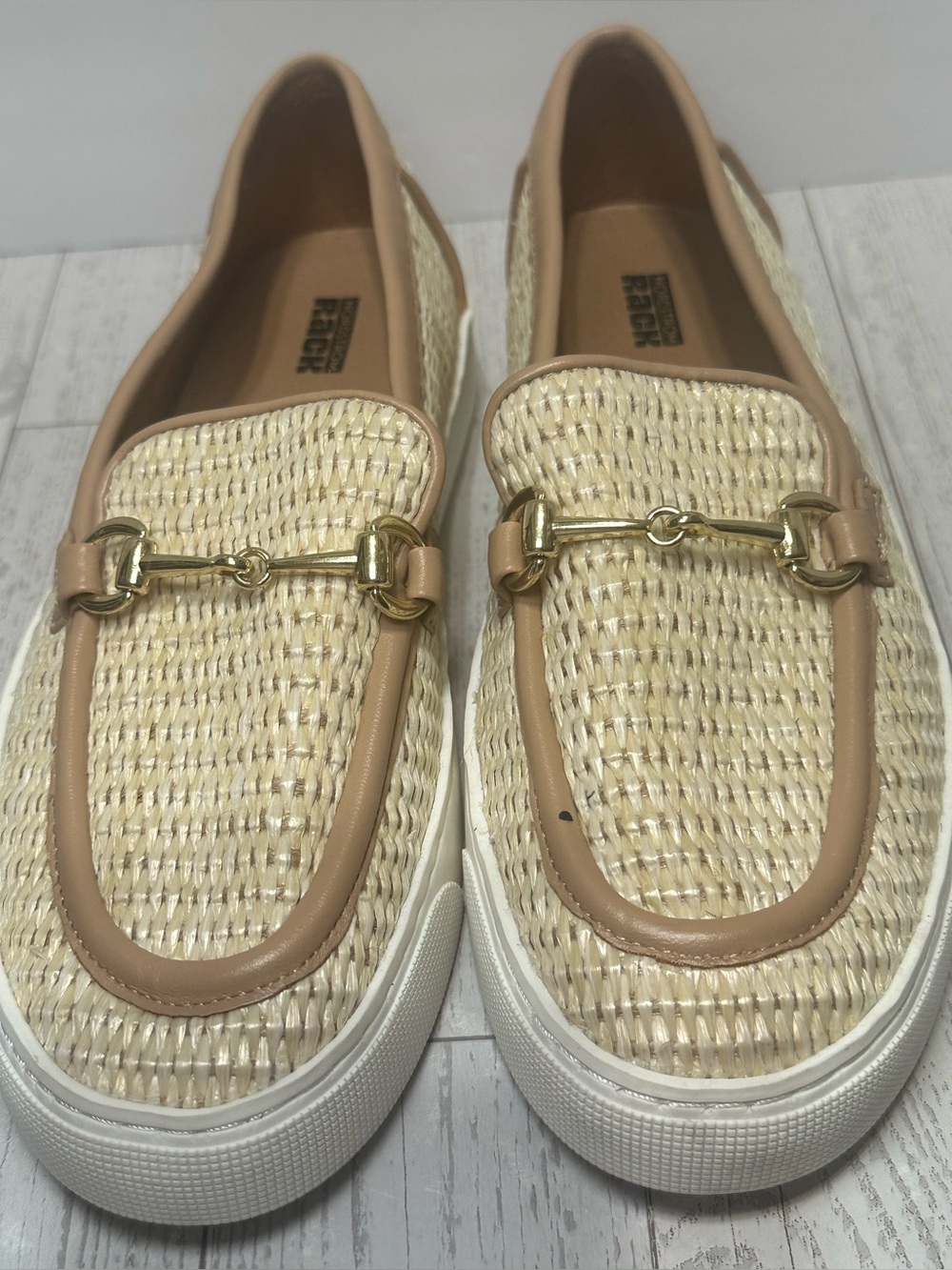 NWOT- Nordstrom Rack Women’s Freddie Woven Straw Horsebit Loafers, Beige, Sz 6